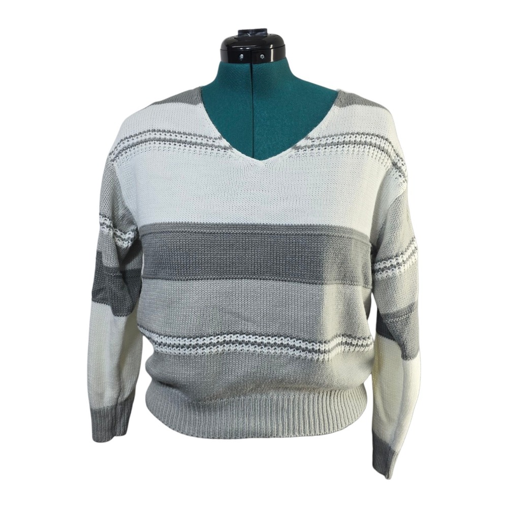 Striped Knit Pullover‎ Sweater Size SMALL Unbranded Tight Knit Cozy V Neck